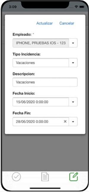 APP Control Horario. Crear incidencias laborales