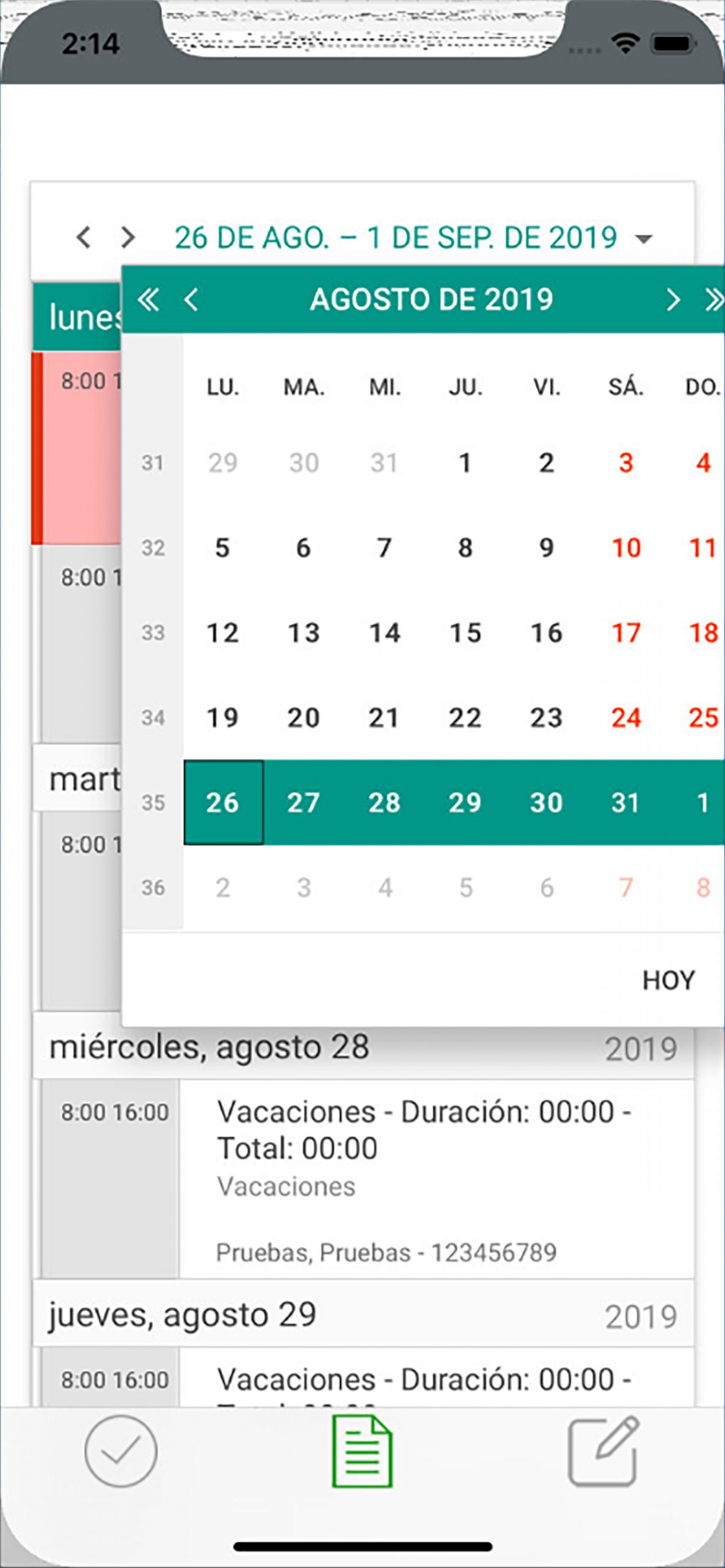 APP Control Horario. Informe de fichajes